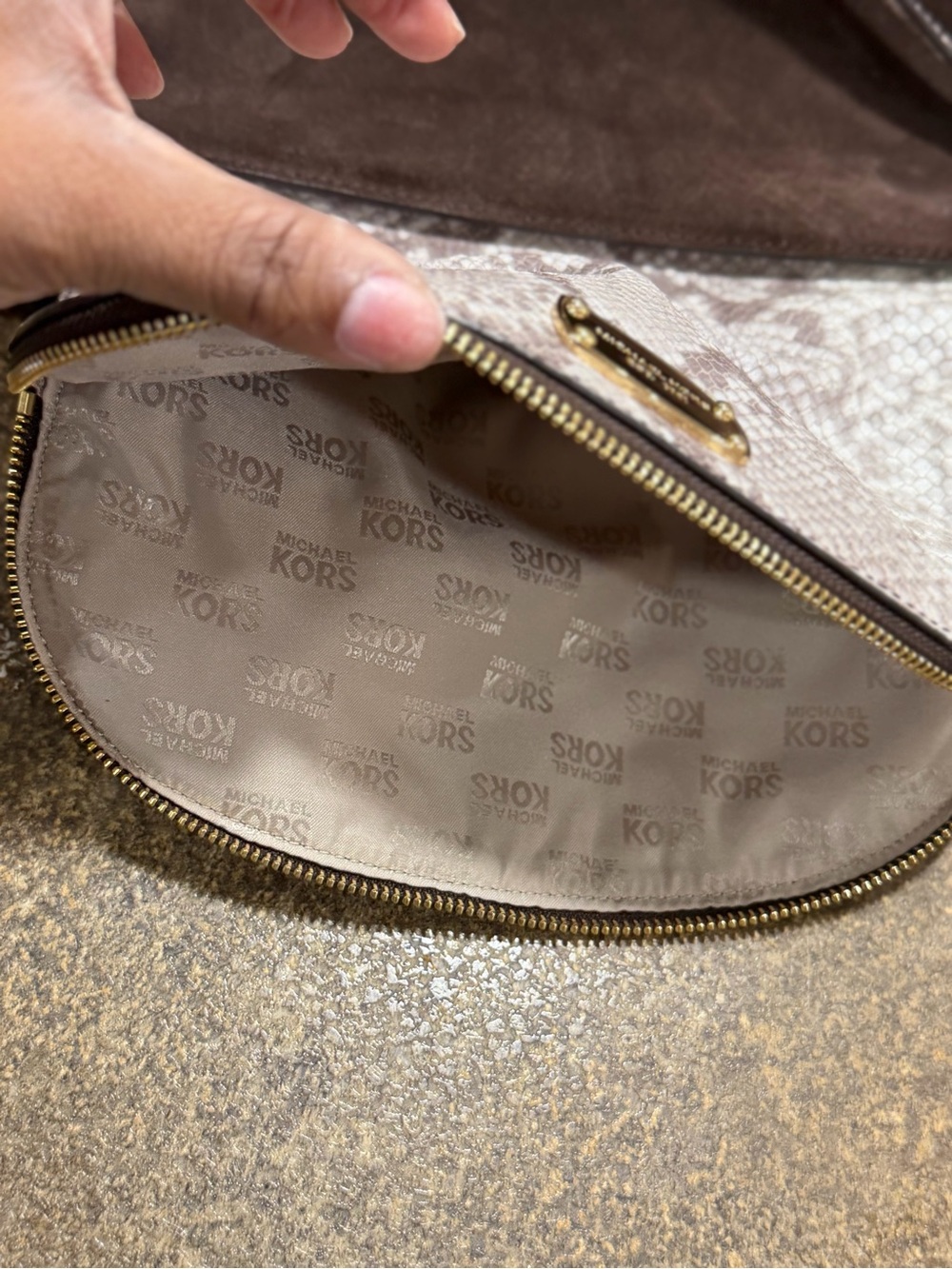 Michael Kors Brown Suede Crossbody with Snake-Print Flap - Picture 11 of 12